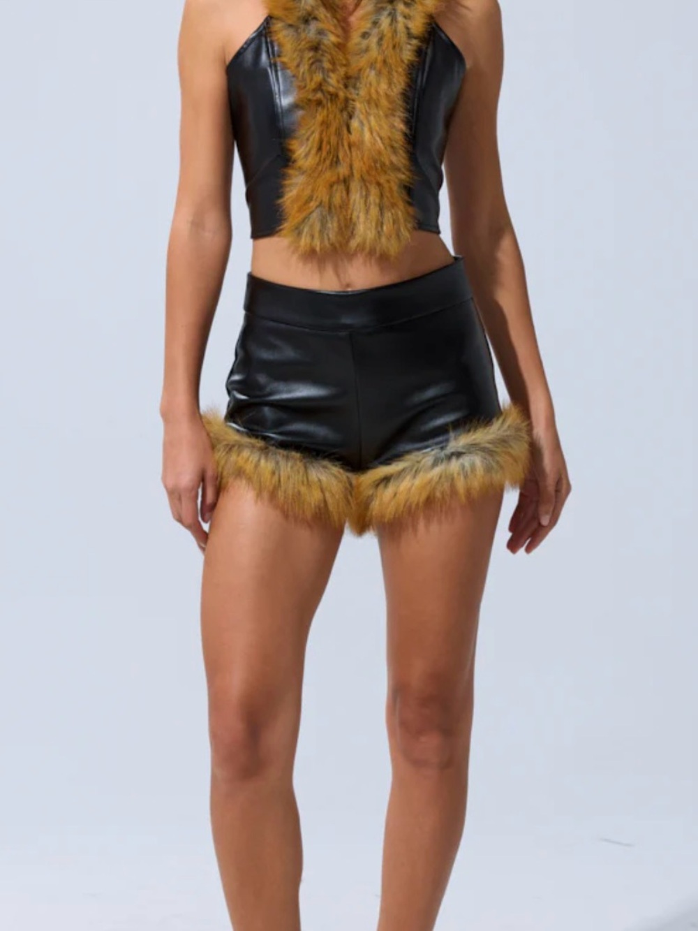 Black Faux Leather High-Waist Shorts with Golden Fur Trim Akira